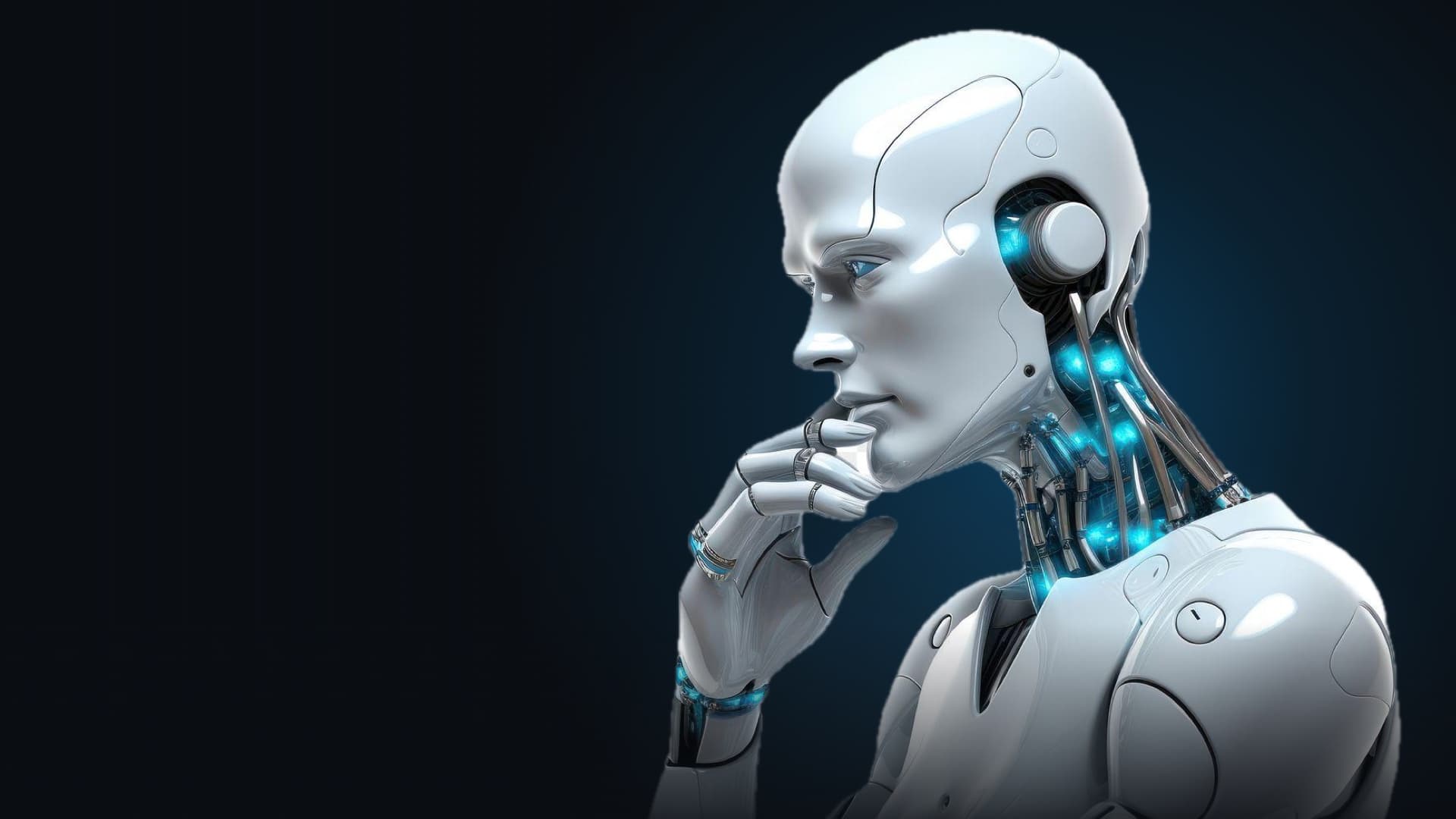 Humanoid robot in a thinking pose against a deep blue ground with an electric-blue glow