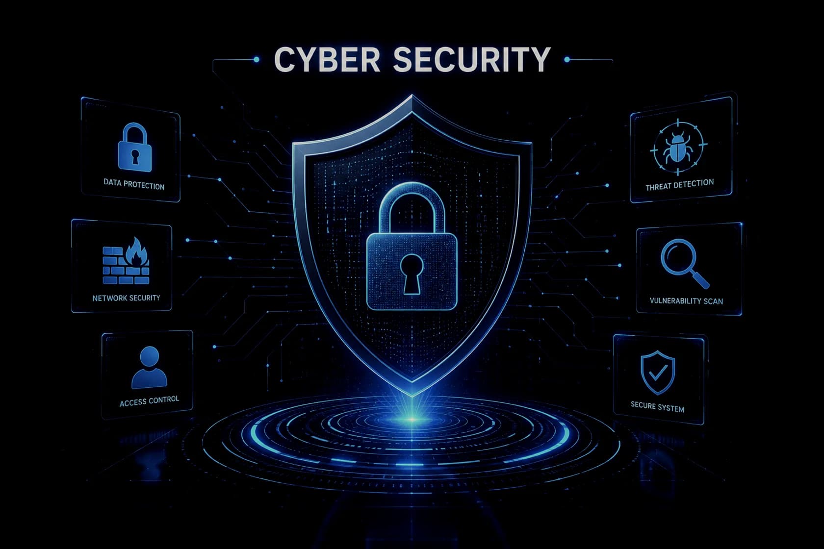 An illustrated overview of the cyber security practice: a shield carrying a padlock at the centre, wired out to six labelled capabilities — data protection, network security and access control on the left, threat detection, vulnerability scanning and secure systems on the right.