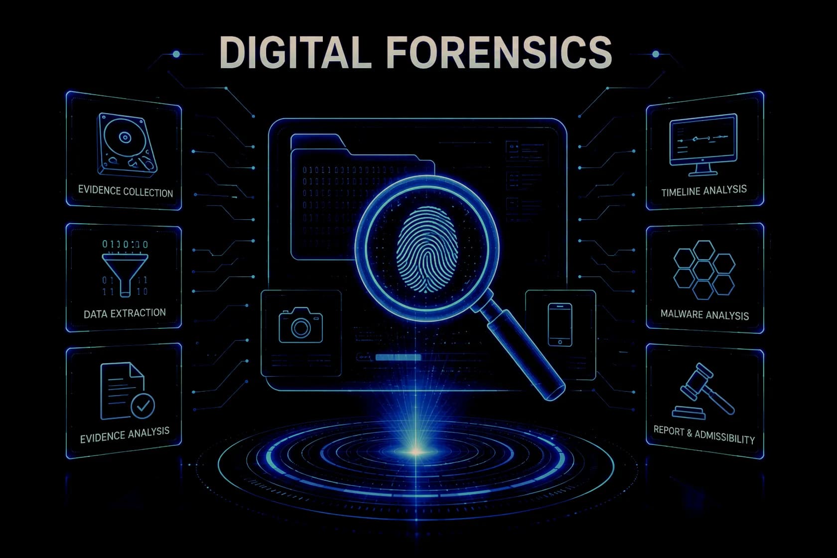 An illustrated overview of the digital forensics practice: a fingerprint under a magnifier over a case file, wired out to six labelled capabilities — evidence collection, data extraction and evidence analysis on the left, timeline analysis, malware analysis and reporting and admissibility on the right.