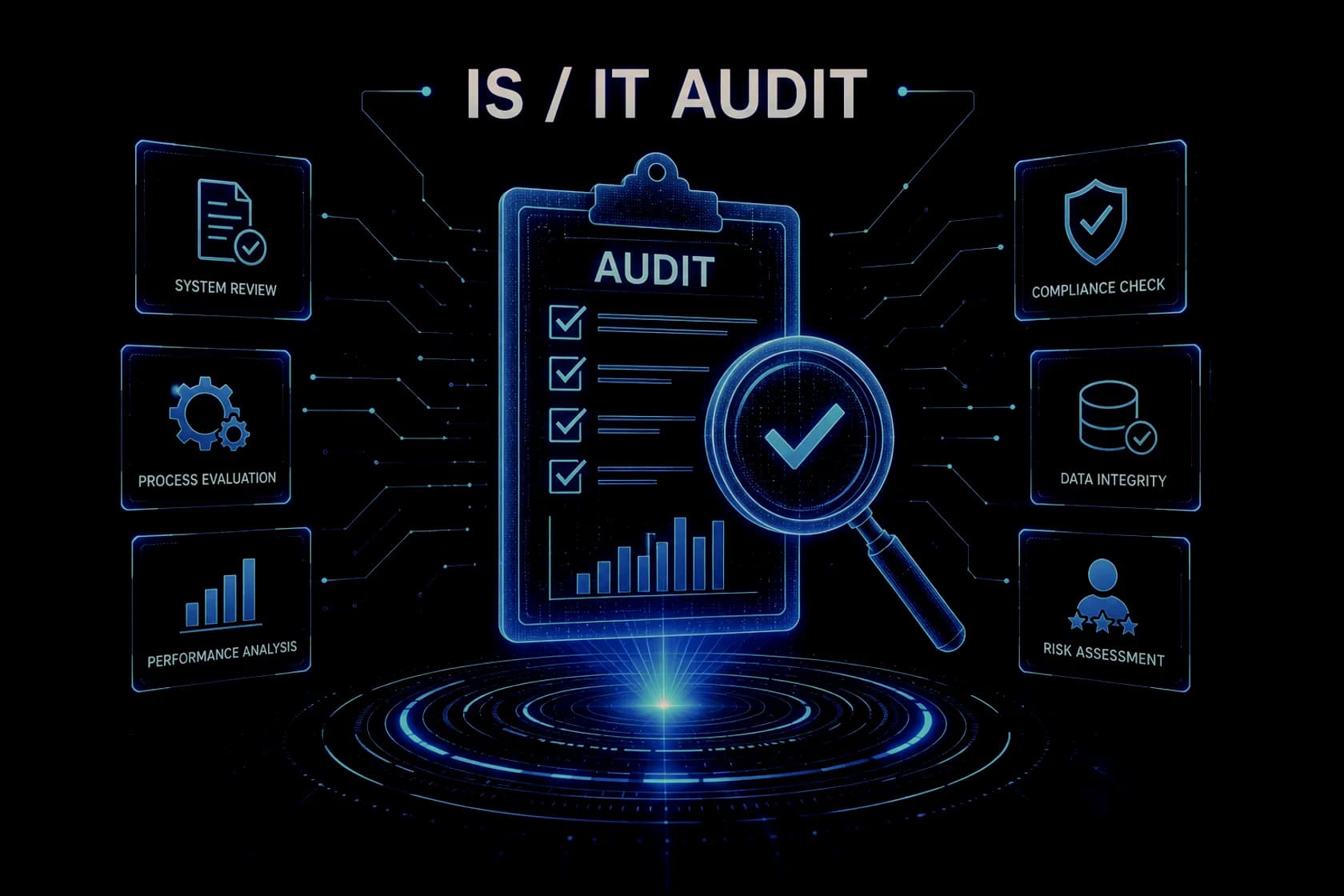 An illustrated overview of the IS/IT audit practice: an audit checklist under a magnifier at the centre, wired out to six labelled capabilities — system review, process evaluation and performance analysis on the left, compliance checks, data integrity and risk assessment on the right.